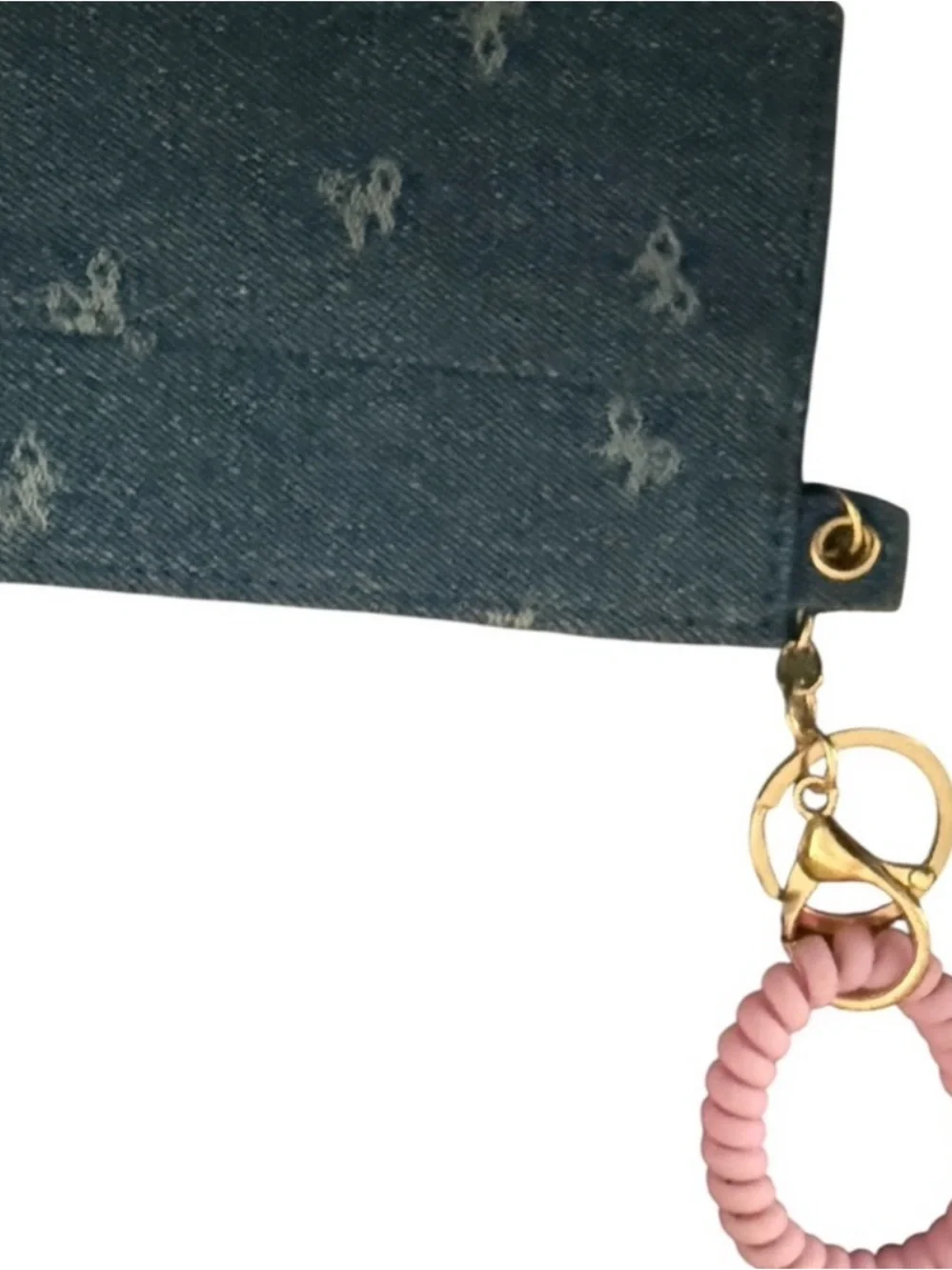 NEW Jean Denim Card Holder With Pink Wristlet Gold Key Ring NWT